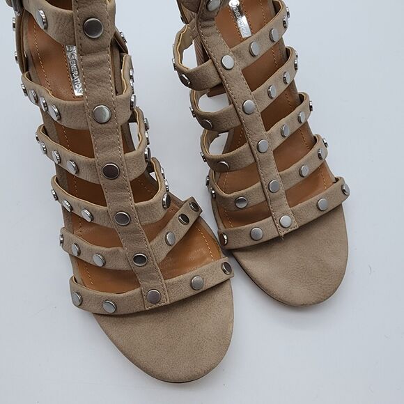 Bcbgeneration Chasta Strappy Sandals Size 9.5M Tan Block Heel Caged Studded - Picture 7 of 13